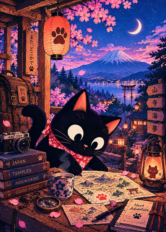 Cute Black Cat Planning Japan Adventure