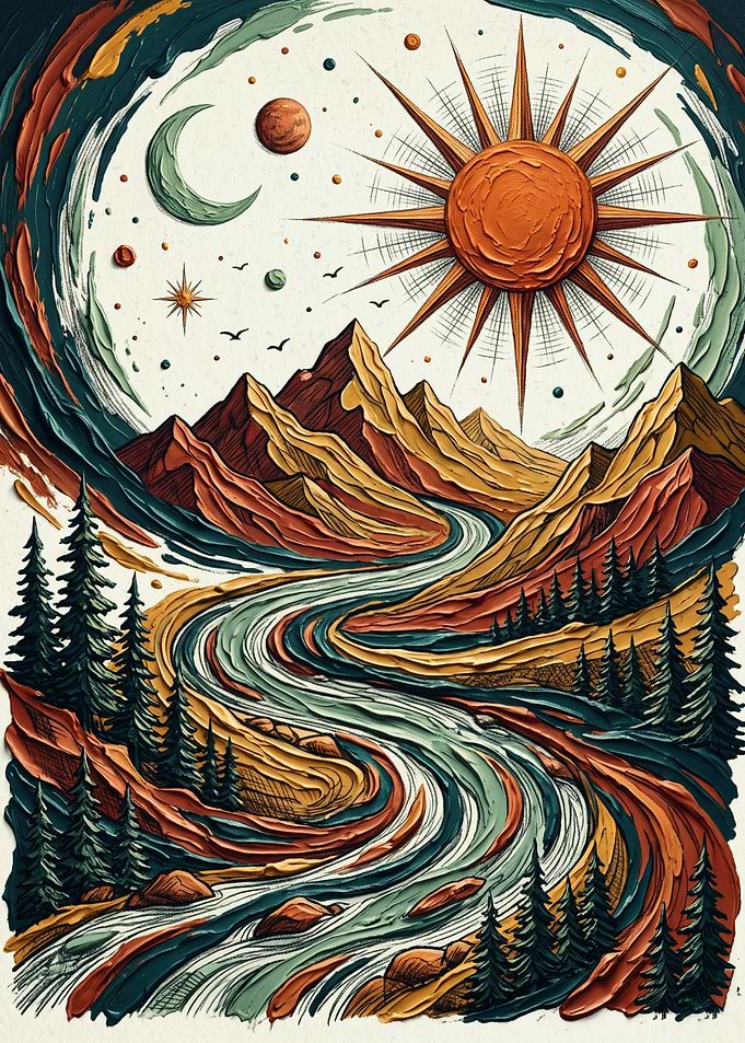 Sun And Mountain Landscape Nature Impasto Art
