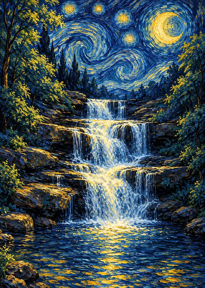 Starry Night Waterfall Landscape Painting