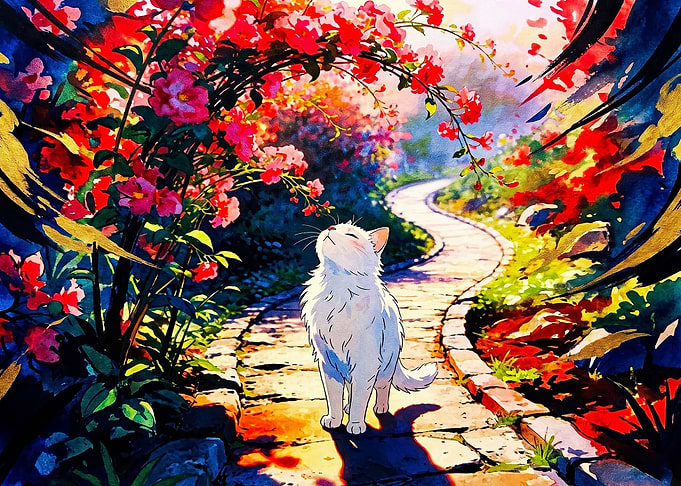 White Cat in a Floral Garden
