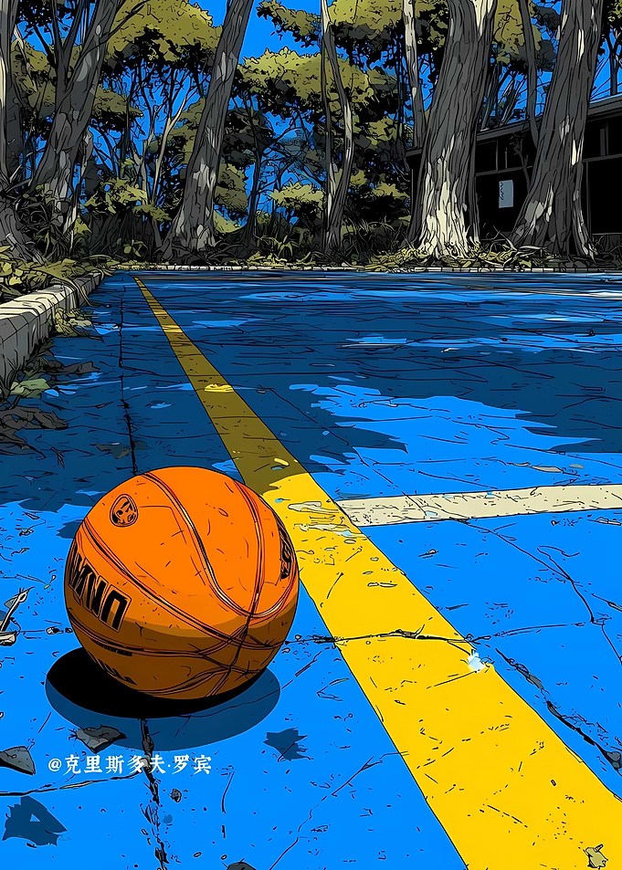 Basketball on a Blue Outdoor Court