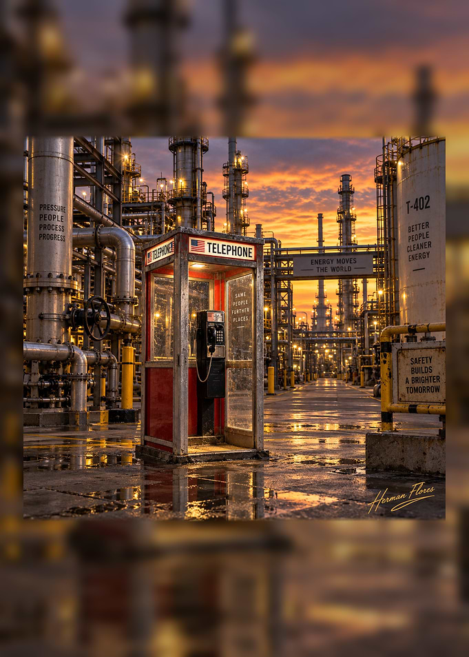 Vintage Telephone Booth in Industrial Refinery