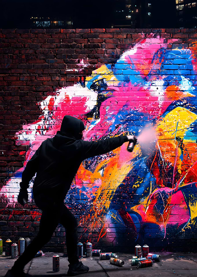 Street Artist Spray Painting Brick Wall
