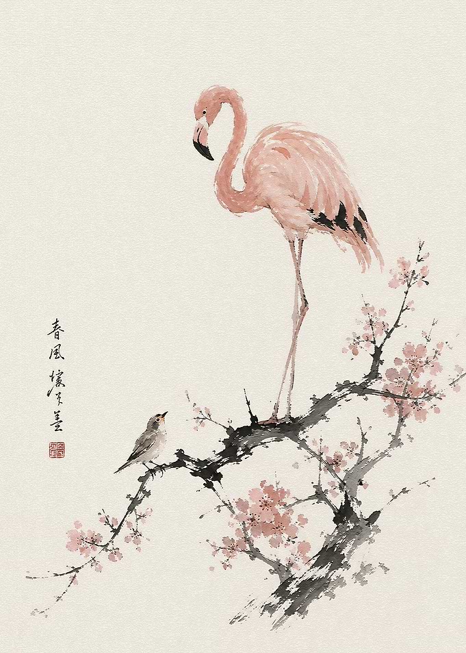Flamingo and Bird on Cherry Blossom