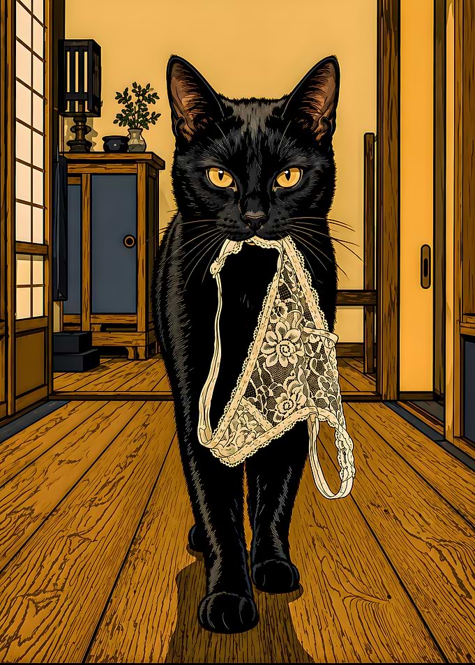 Black Cat Carrying Lace Lingerie