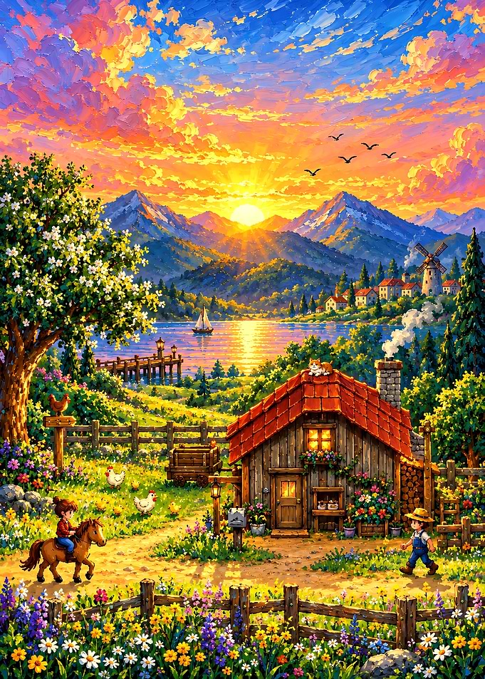 Stardew Valley Idyllic Countryside Cottage at Sunset