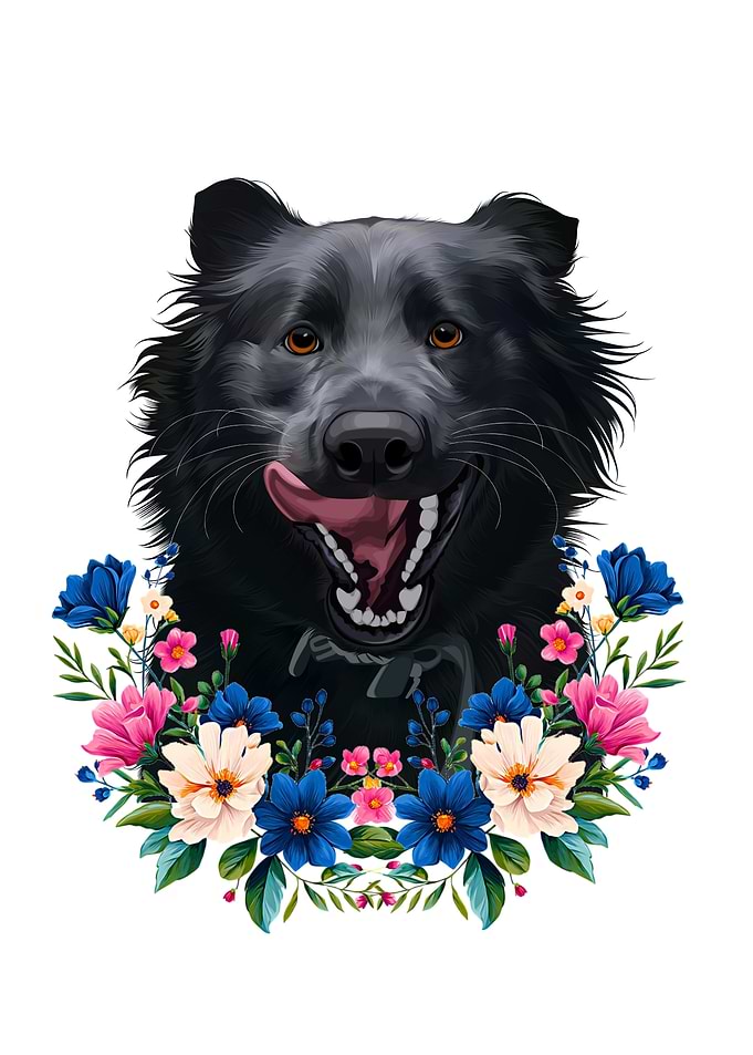 Black Dog Portrait with Floral Wreath