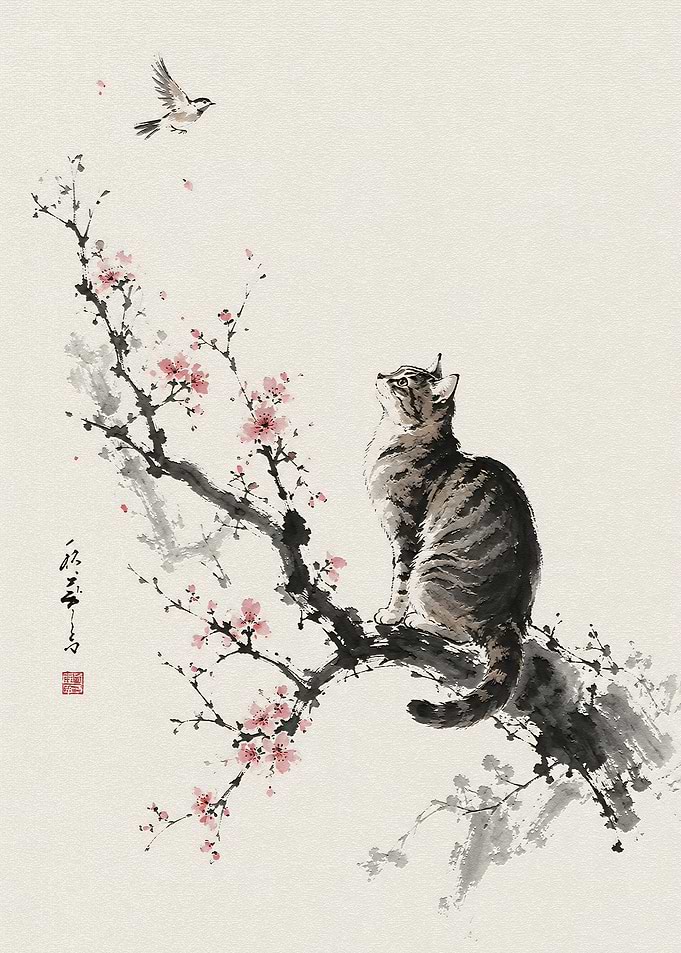 Cat Watching Bird on Cherry Blossom