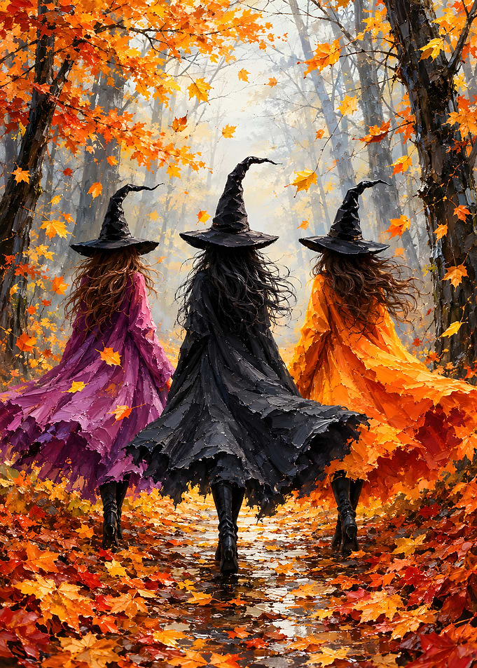 Three Witches Walking in Autumn Forest