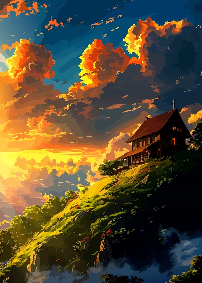 Cottage on a Hill at Sunset