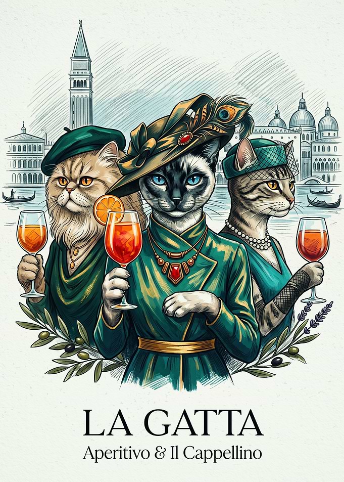 Venetian Cats Drinking Spritz Cat Travel Pencil Sketch