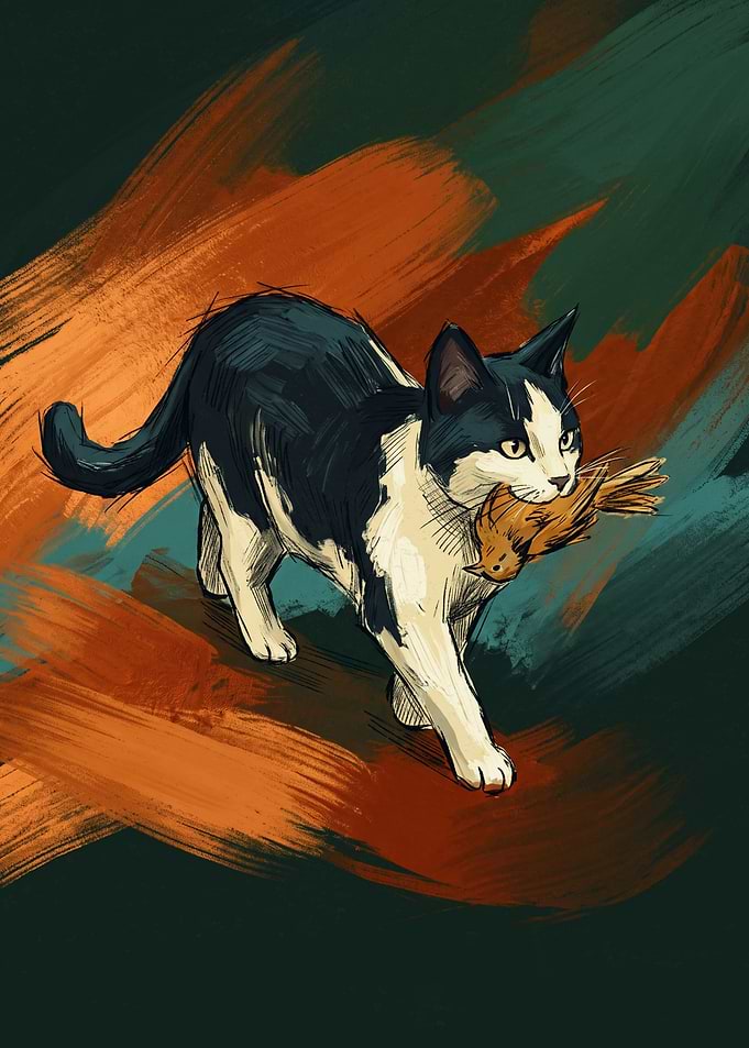 Cat Catching Bird Cats Expressionism Art