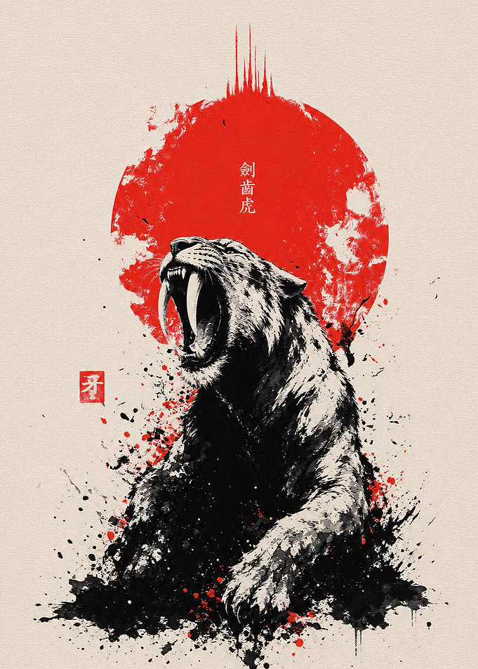 Saber-Toothed Tiger Japanese Ink Art