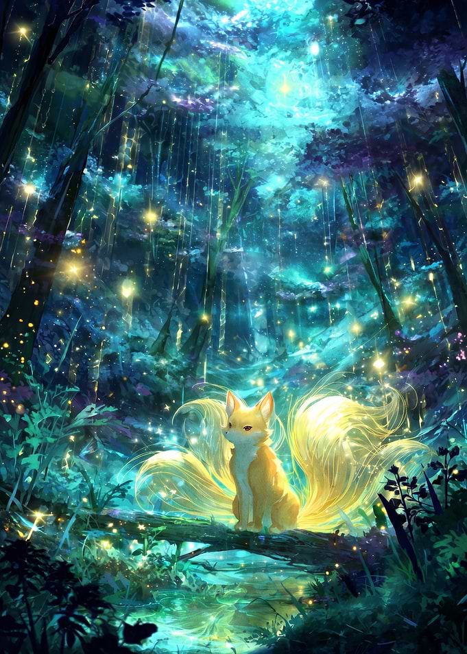 Nine-Tailed Fox in Enchanted Forest