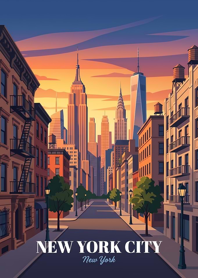 New York City Skyline Sunset Poster