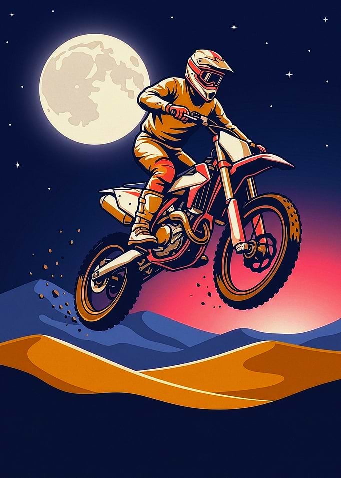 Motocross Rider Jumping Under Full Moon