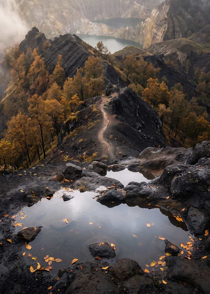 Misty Volcanic Crater Lake Landscape