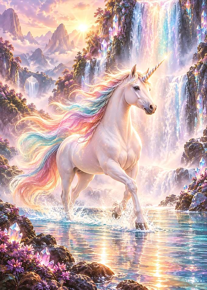 Majestic Unicorn in Enchanted Waterfall
