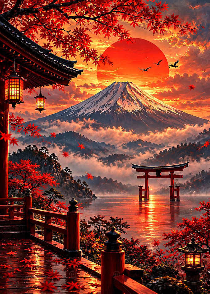 Mount Fuji Sunset with Torii Gate