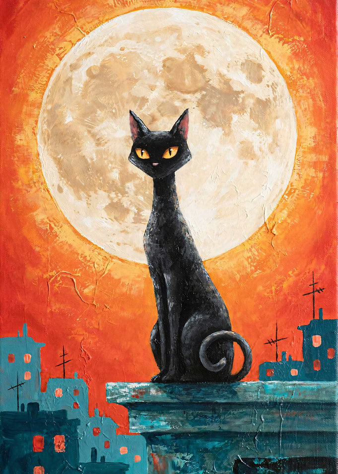 Black Cat on Rooftop Under Moon