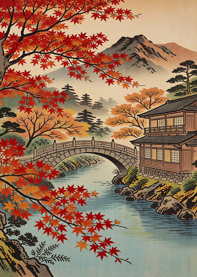 Traditional Japanese Autumn Landscape Illustration