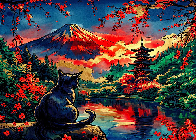 Black Cat Watching Mount Fuji