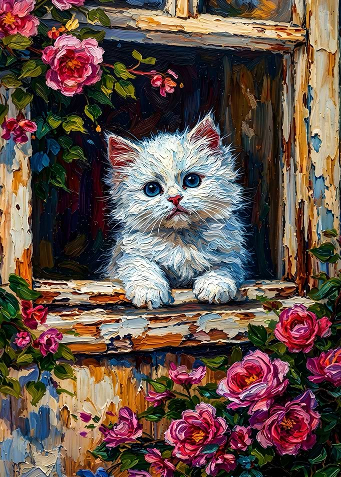 Fluffy White Kitten in Rose Window