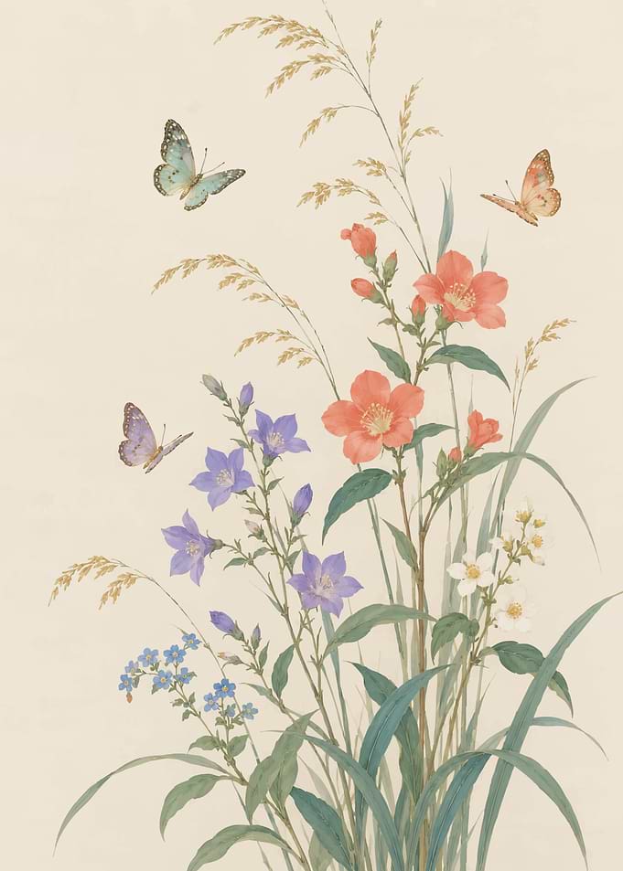 Watercolor Botanical Illustration with Butterflies