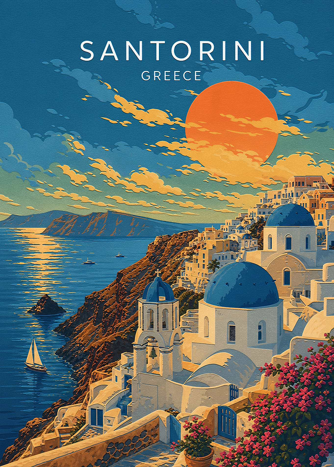 Santorini Greece Sunset Travel Poster