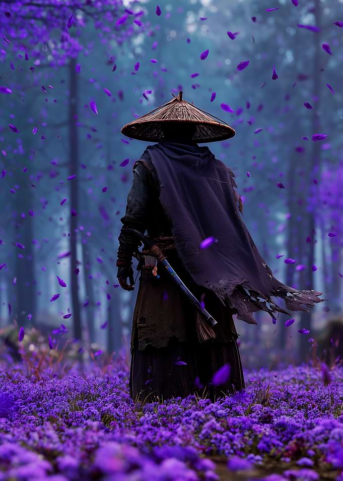Lone Samurai in Purple Flower Field