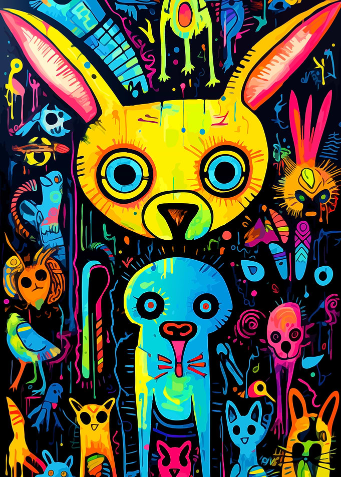Neon Psychedelic Animal Collage Art