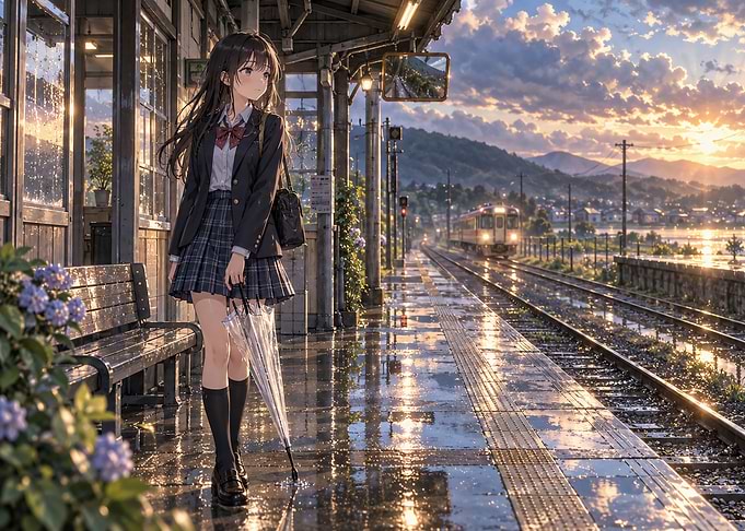 Anime Girl at Rainy Train Station