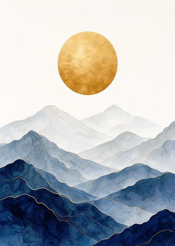Abstract Blue Mountain Landscape with Sun