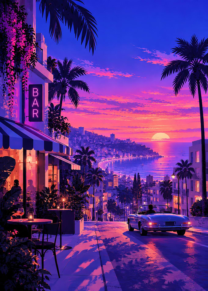 Sunset Coastal Drive and Bar Scene