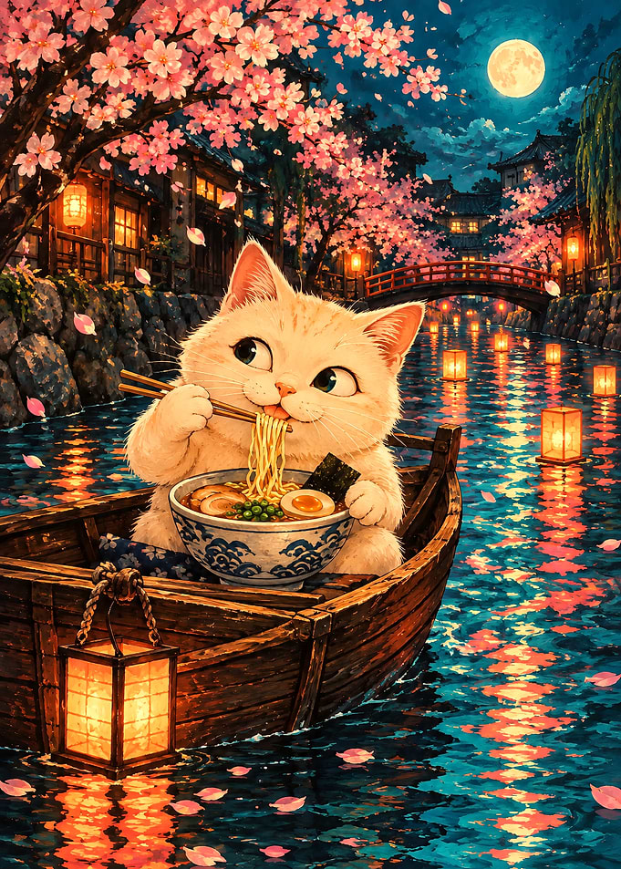 Cute Cat Eating Ramen on Boat