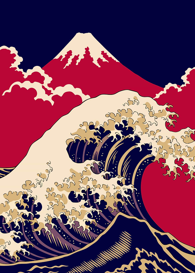 Japanese Art Poster: Fuji and Wave, Limited Colors