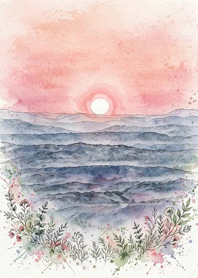 Watercolor Mountain Sunset with Floral Border