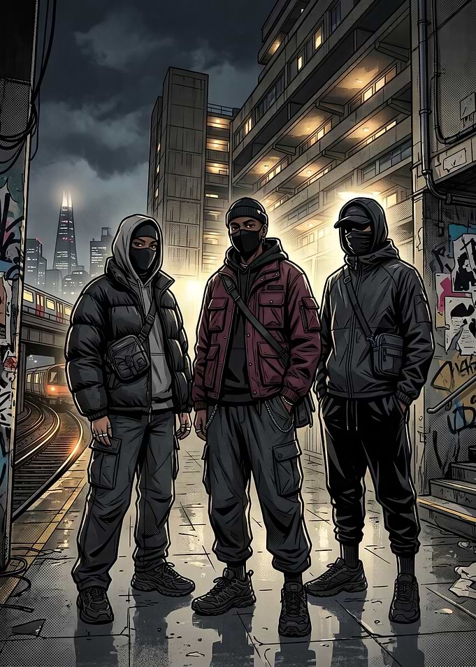Urban Streetwear Trio in Cityscape