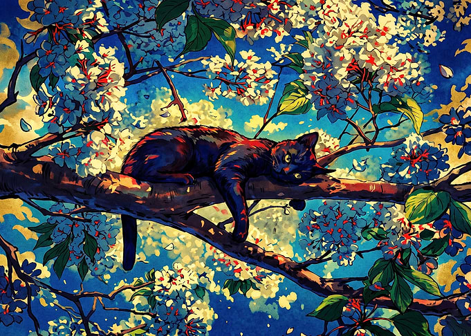 Black Cat Resting in Cherry Blossoms