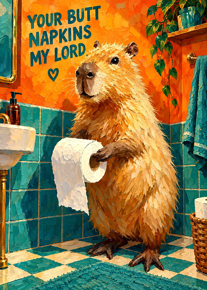 Capybara Holding Toilet Paper Bathroom Art