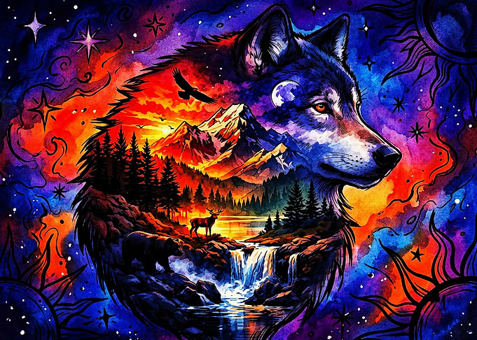 Vibrant Double Exposure Wolf Landscape Art