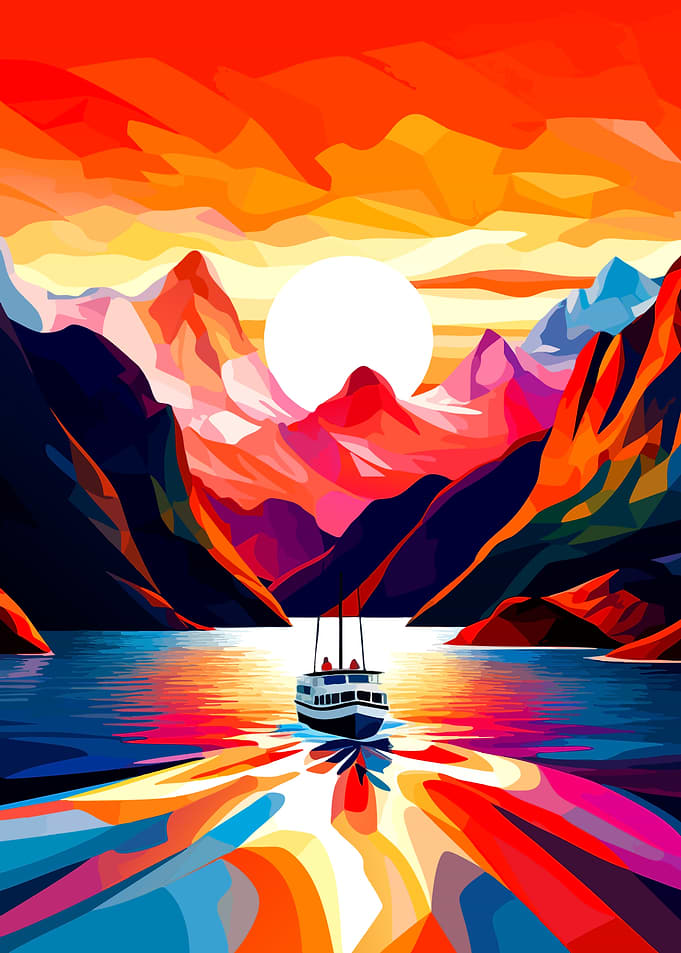 Vibrant Geometric Mountain Lake Sunset
