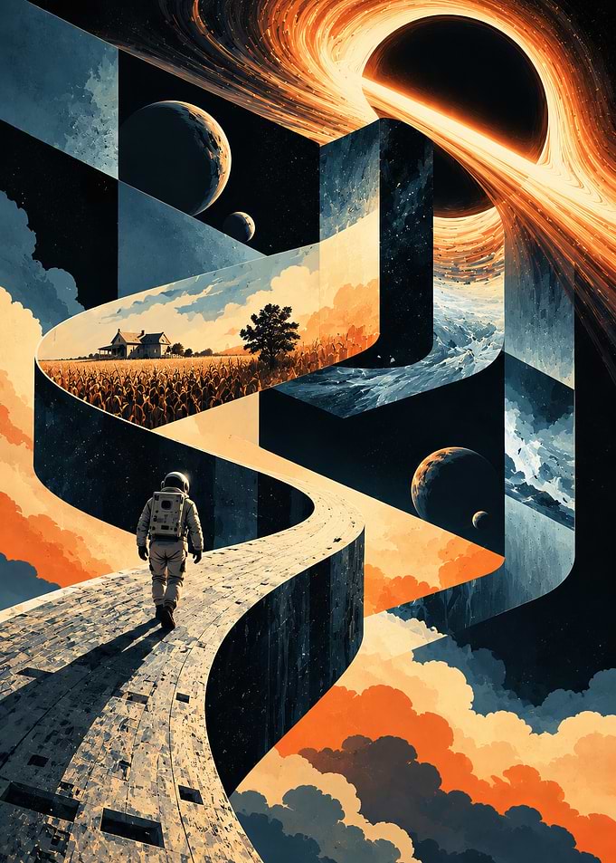 interstellar Astronaut Walking on Surreal Cosmic Path
