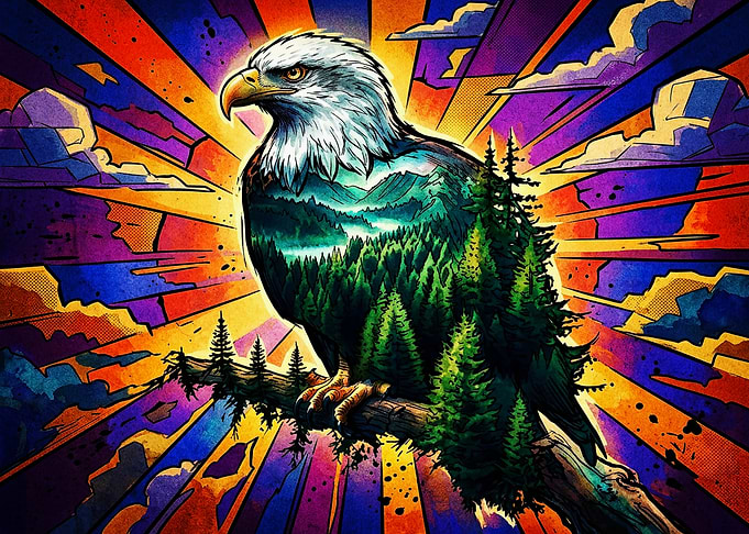 Double Exposure Bald Eagle Forest Art