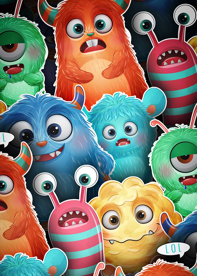 Colorful Cartoon Monster Sticker Collage