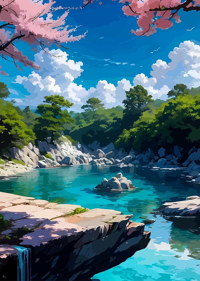 Serene Mountain Stream with Cherry Blossoms