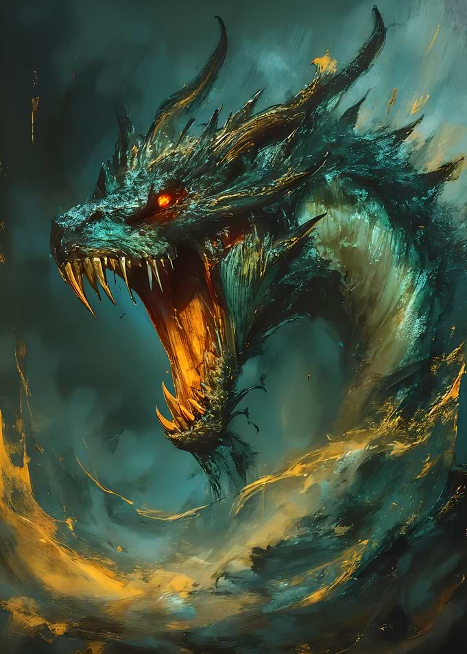 Fierce Teal and Gold Dragon