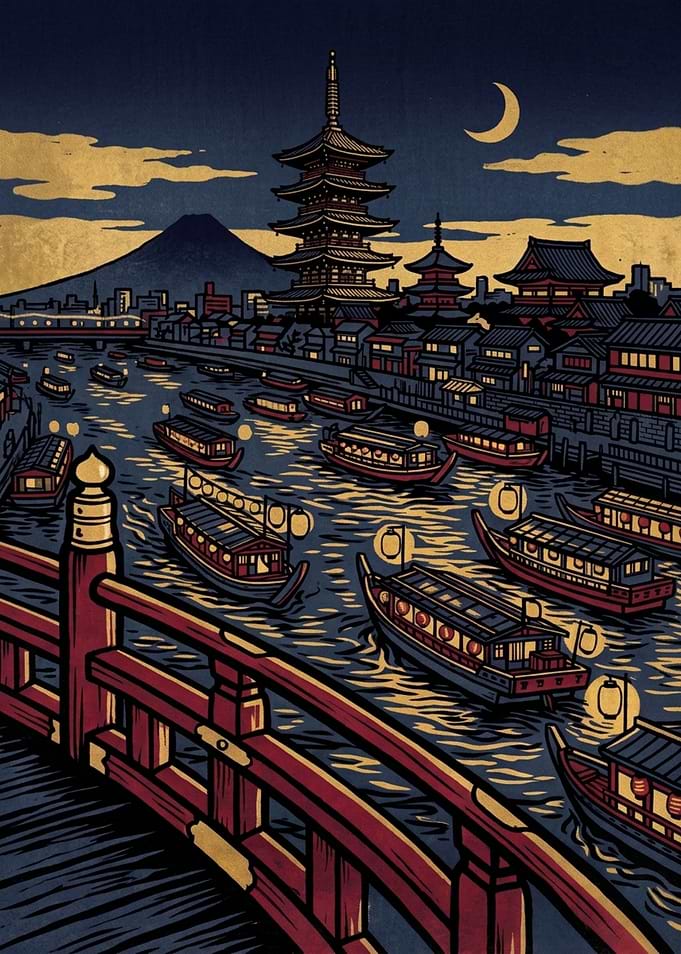 Traditional Japanese River Scene at Night
