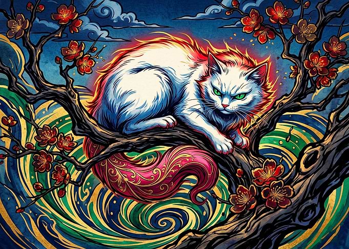 Mystical White Cat in Cherry Tree
