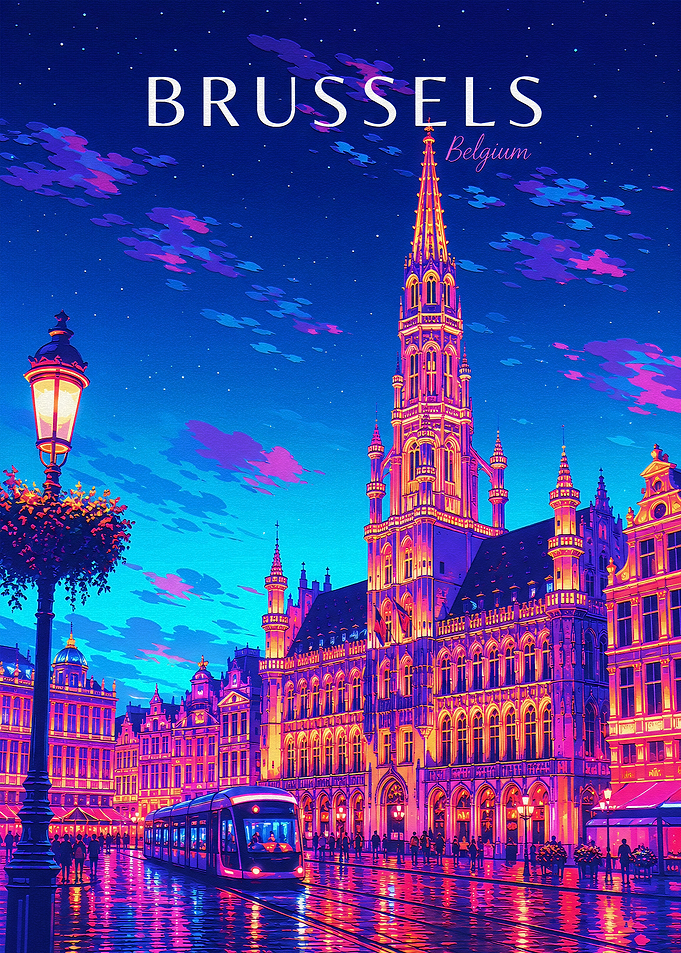 Brussels Belgium Night Cityscape Poster